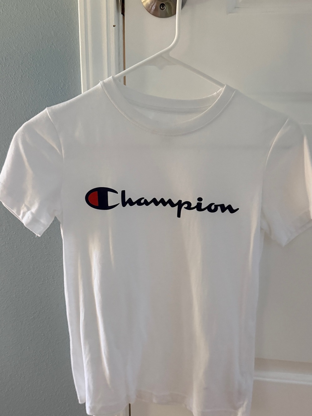 Champion White Tee with Navy and Red Logo